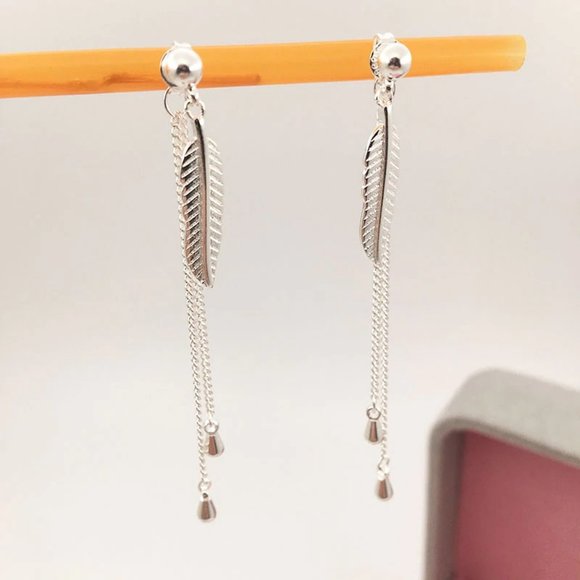 *NEW 925 Sterling Silver Leaf Tassel Drop Earrings - Picture 5 of 7